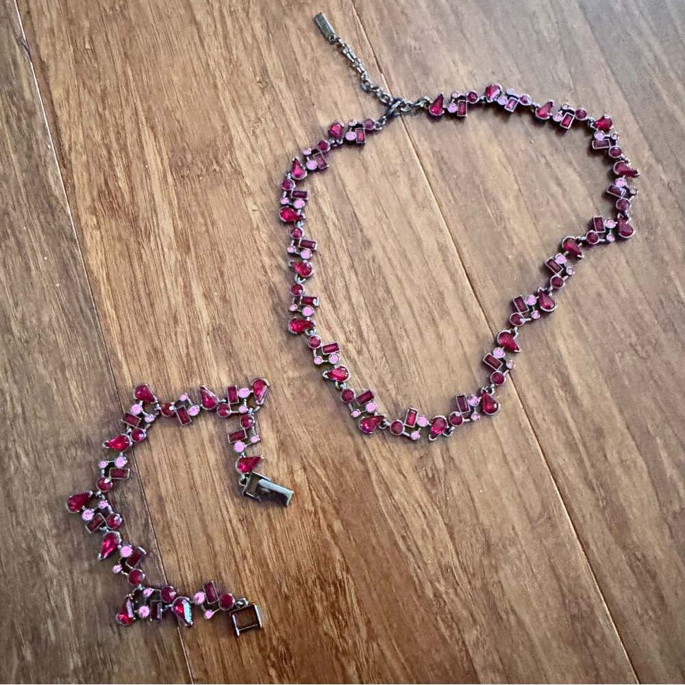 Vintage Napier SET Tennis Bracelet Necklace Pair Art Deco Ruby Red Pink Crystal